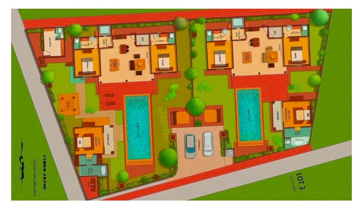 Site plan of Villa Alore Seminyak showing six bedrooms, two private pools, spa room and parking area across both lots.
